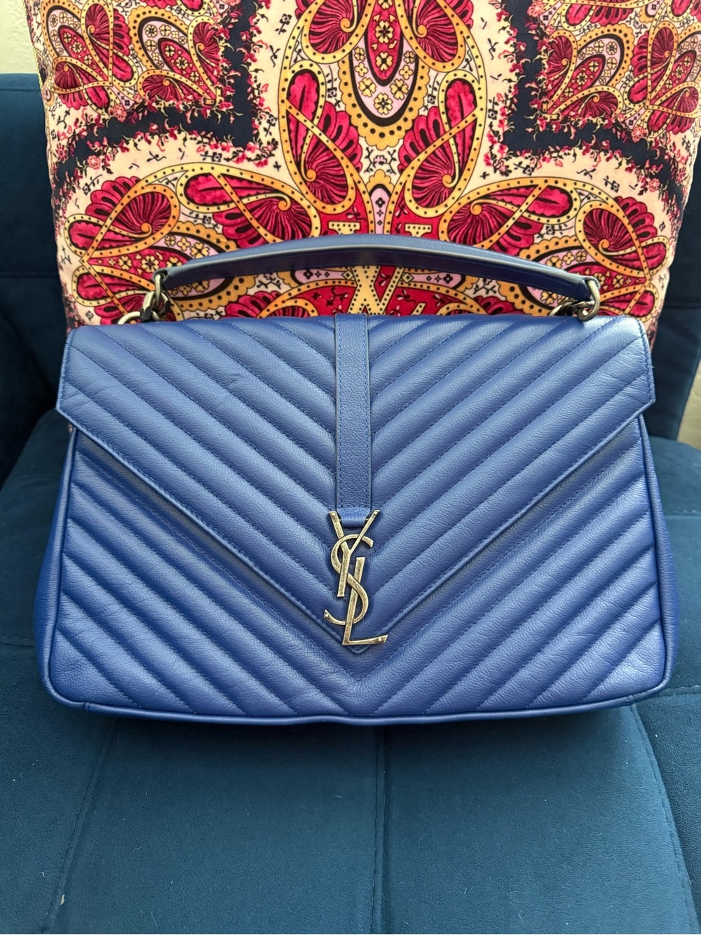 Saint Laurent Navy Quilted Leather Top-Handle Bag with YSL Logo